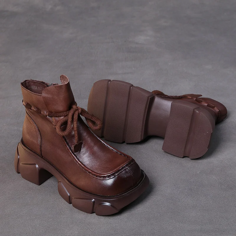 Yyvonne Layer Of Kraft Handmade Pine Cake Bottom Boots Women Autumn And Winter Retro New Bare Boots Thick Bottom Square Head Martin Boots New