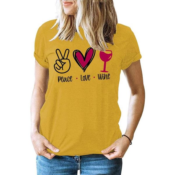 Peace Love Wine Print T-shrits For Women Summer Short Sleeve Round Neck Cute Loose T-shirt Creative Personalized Tops - Life is Beautiful for You - SheChoic
