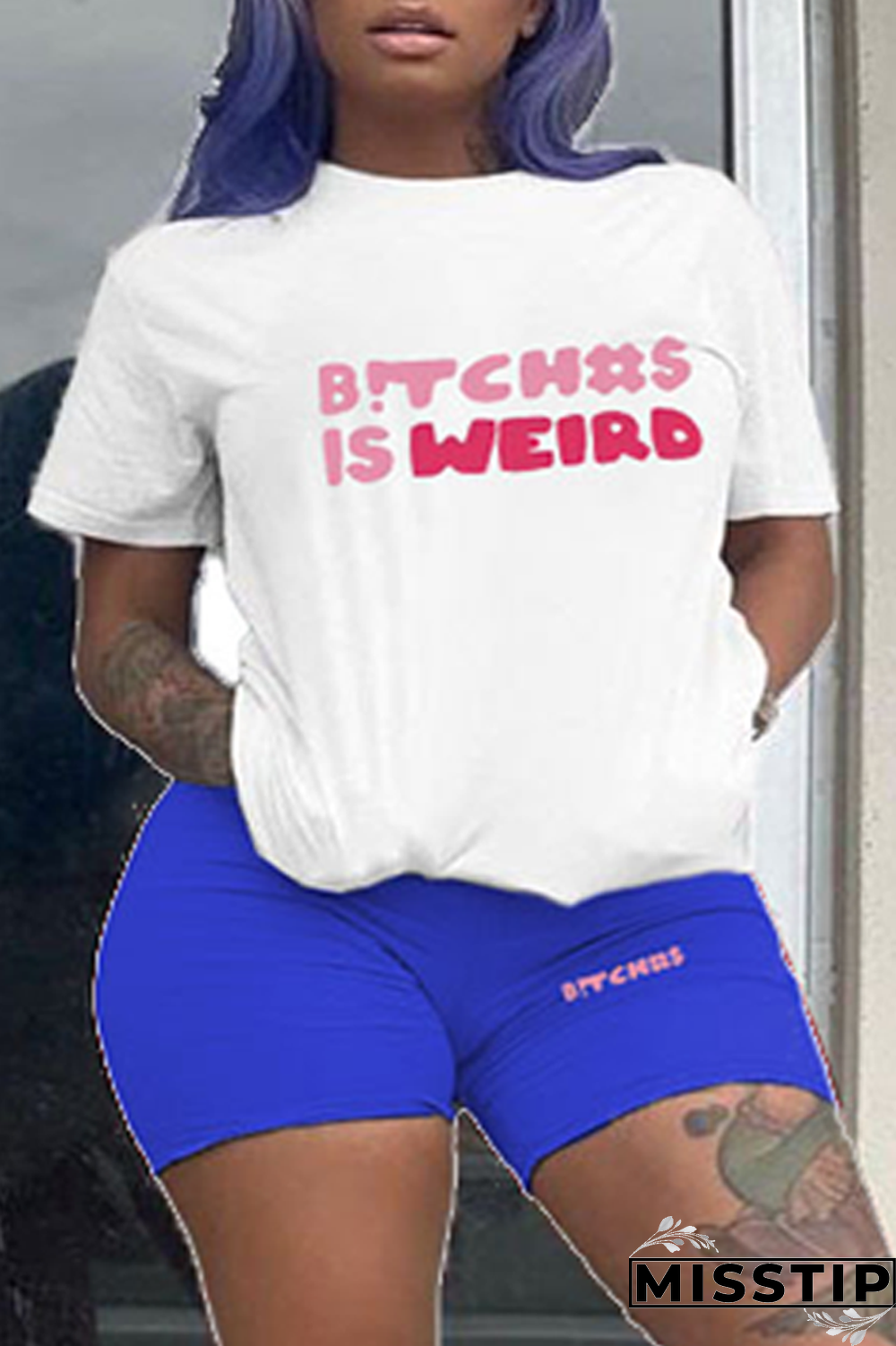 Blue Street Print Patchwork O Neck Plus Size Two Pieces