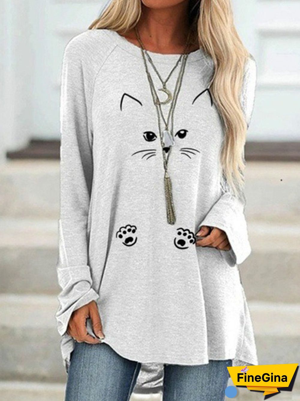 Women's Cat Printed Long Sleeve Scoop Neck Top