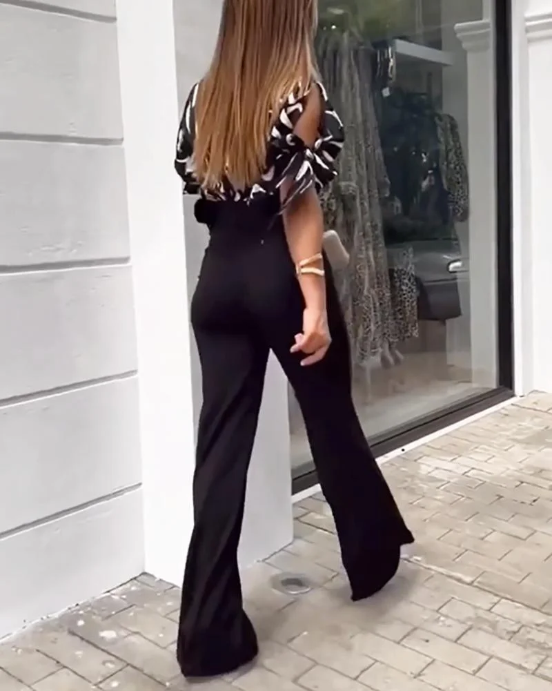 Two-piece set with printed top & high-waisted trousers