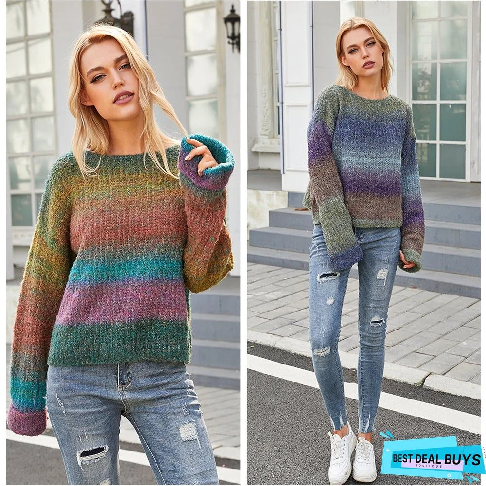 Rainbow Lazy Wind Loose Long Sleeve Knitting