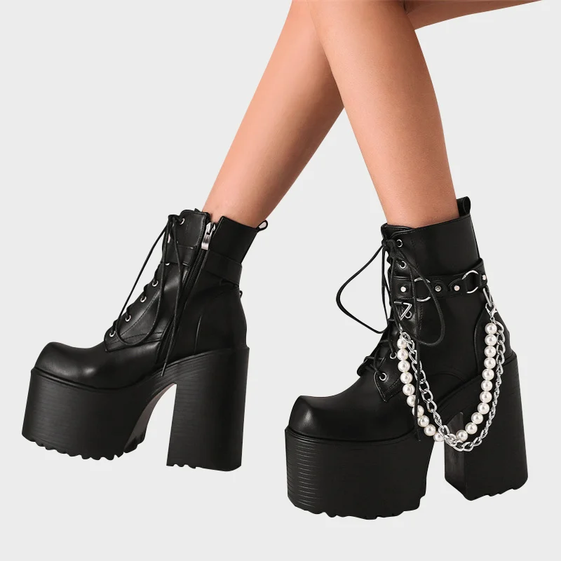 Punk Style Thick Bottom Pearl Boots
