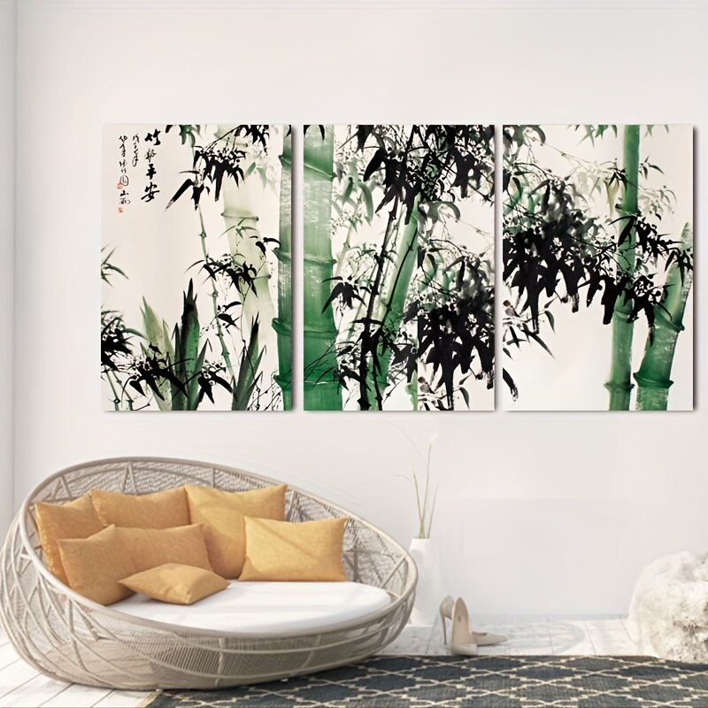 3pc Unframed Lucky Green Bamboo Canvas Painting Modular Pictures Wall Art, Pictures Posters for Living Room Bedroom Home Decor