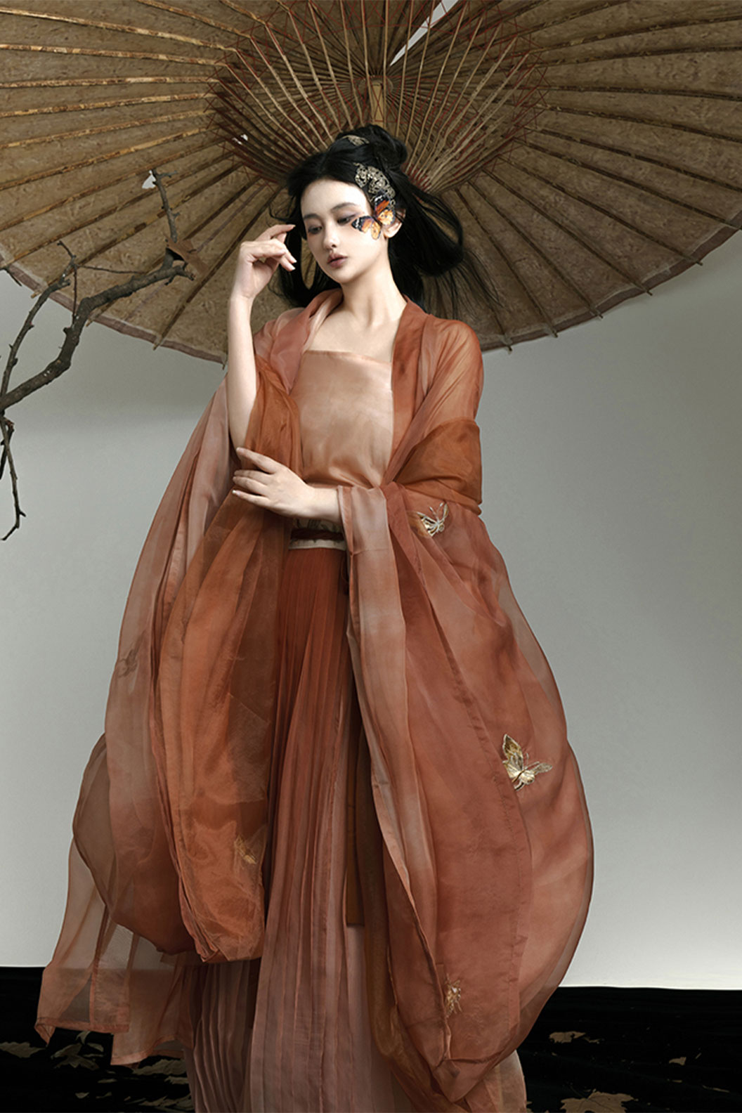 Song Dynasty Brown Hanfu Dress with One-Piece Waist-length Skirt and Long Shirt - kudie 枯蝶 Stupa Stones