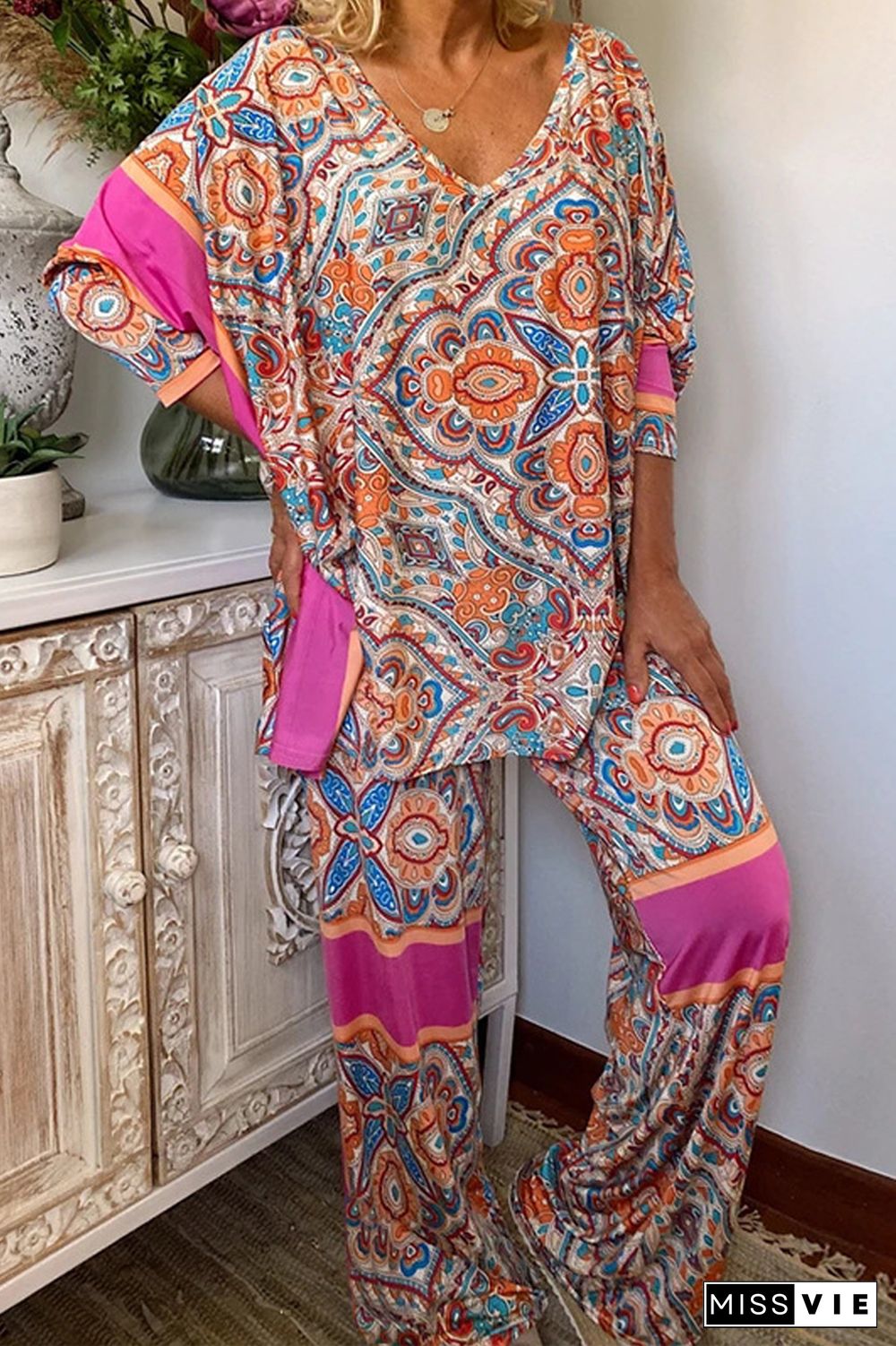 Vintage Ethnic Print V-Neck Two Pieces Sets