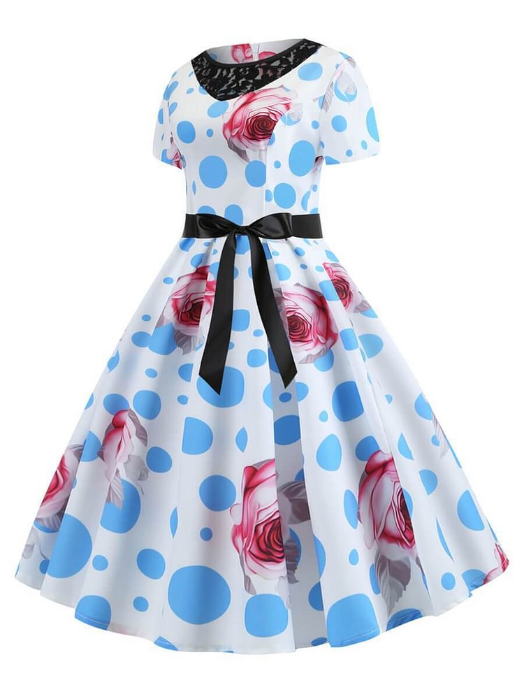 Mayoulove Retro Dress 1950s A-Line O-Neck Short Sleeve Knee-length Dress-Mayoulove