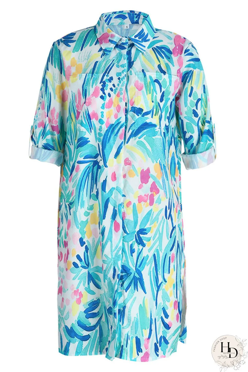 Sky Blue Casual Print Patchwork Buckle Turndown Collar Tops