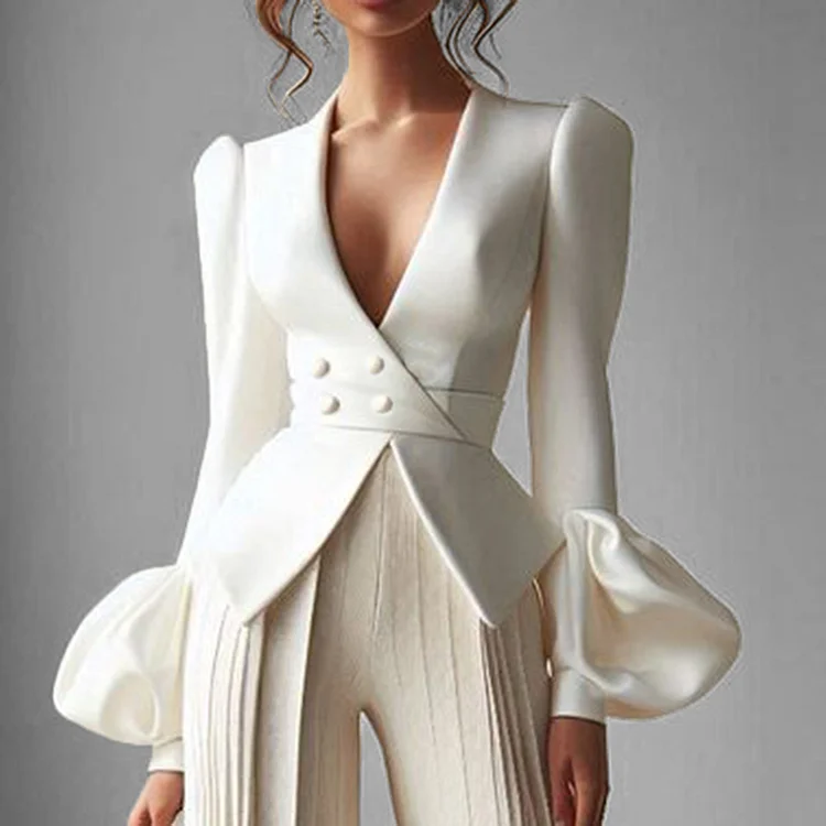 Fashion V Neck Double Breasted Lantern Sleeve Blouses
