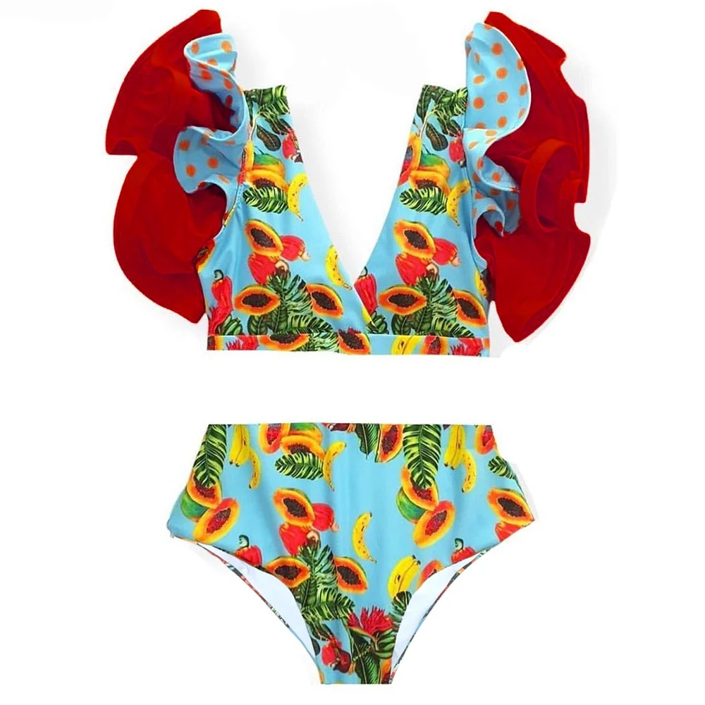 2022 New Sexy High Waist Bikini Sets Ruffle Swimwear Women Swimsuit Print Floral Dots V-neck Beach Wear Bathing Suits biquini