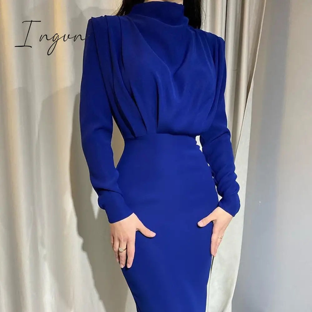 Ingvn - Instahot Elegant Women Dress Stand Collar Slim Waist Solid Blue Ankle Length Autumn Long