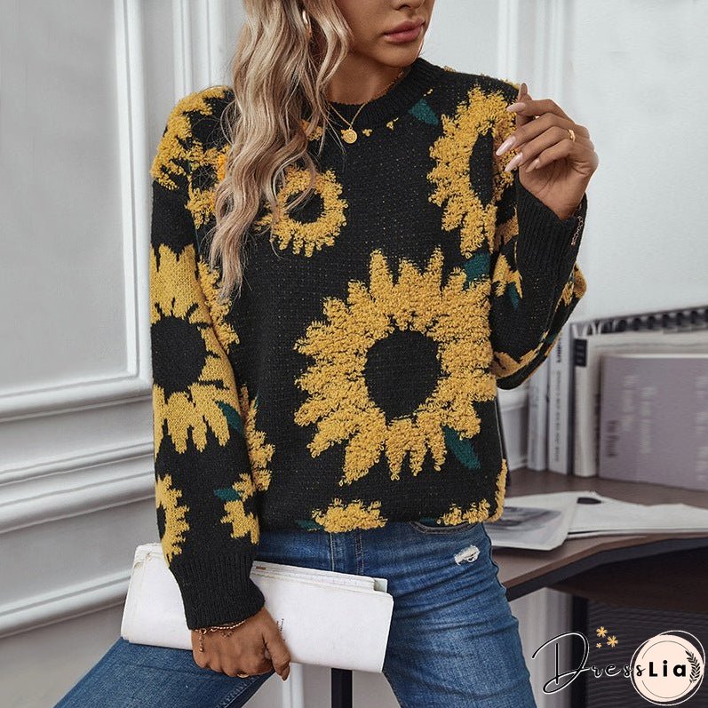 Women's Towel Embroidery Round Neck Long Sleeve Sweaters