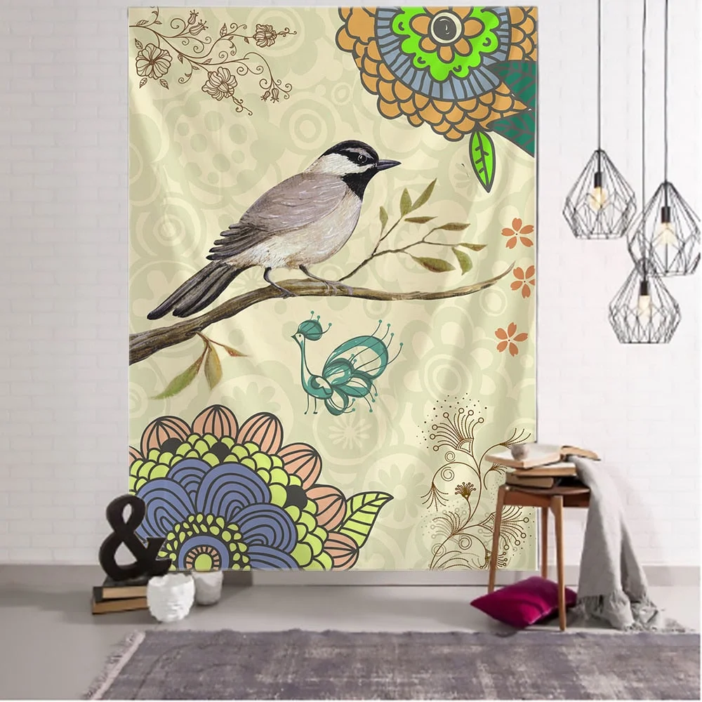 Flower Bird Oil Painting Tapestry Wall Hanging Bohemian Hippie Witchcraft Art Psychedelic Table Mat Home Decor