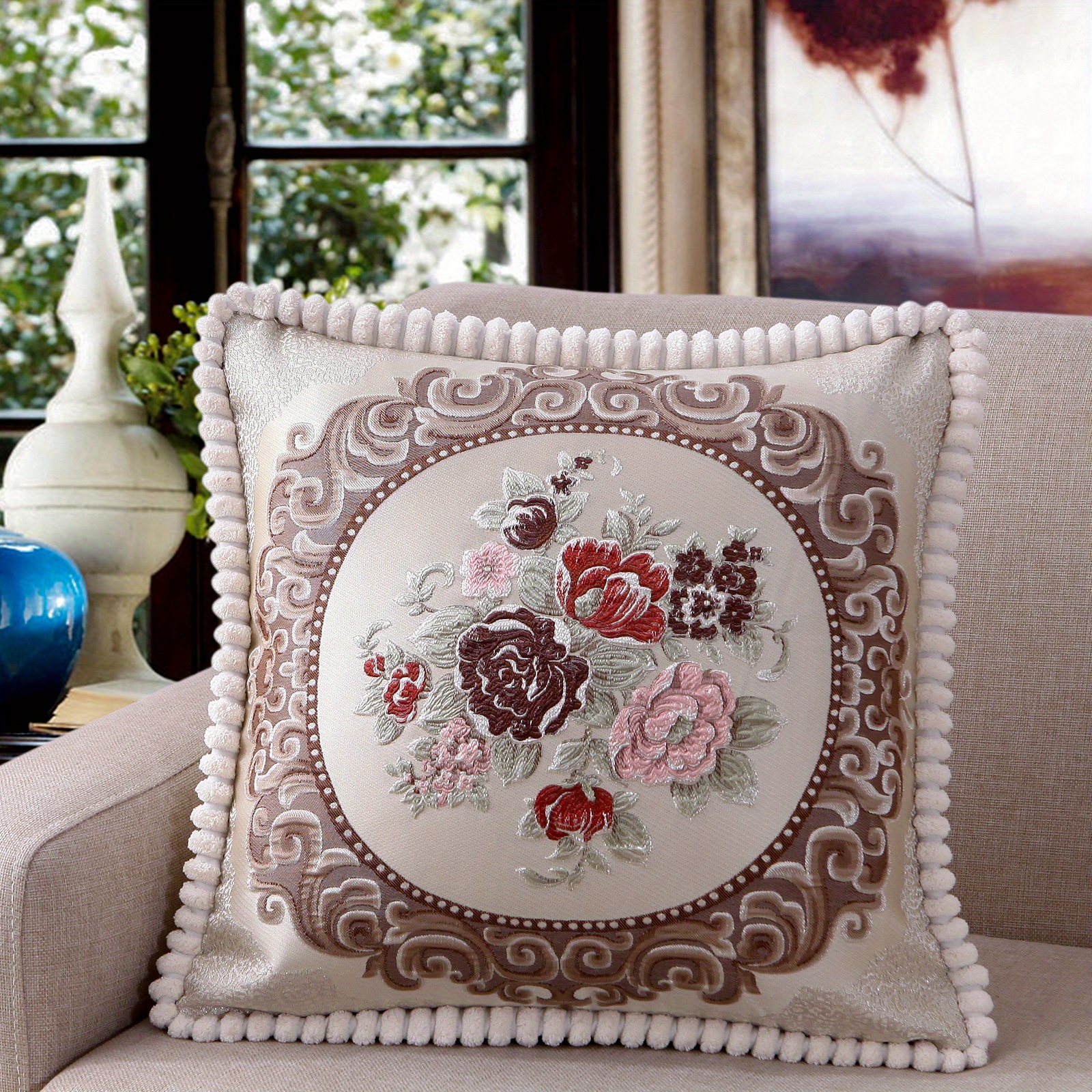 1pc Luxurious Rose Floral Chenille Embroidered Pillow Cover - Soft, Cozy & Stylish Cushion Case for a Vibrant Living Room, Bedroom & Party Decor - Attractive 19x19 Inch Design