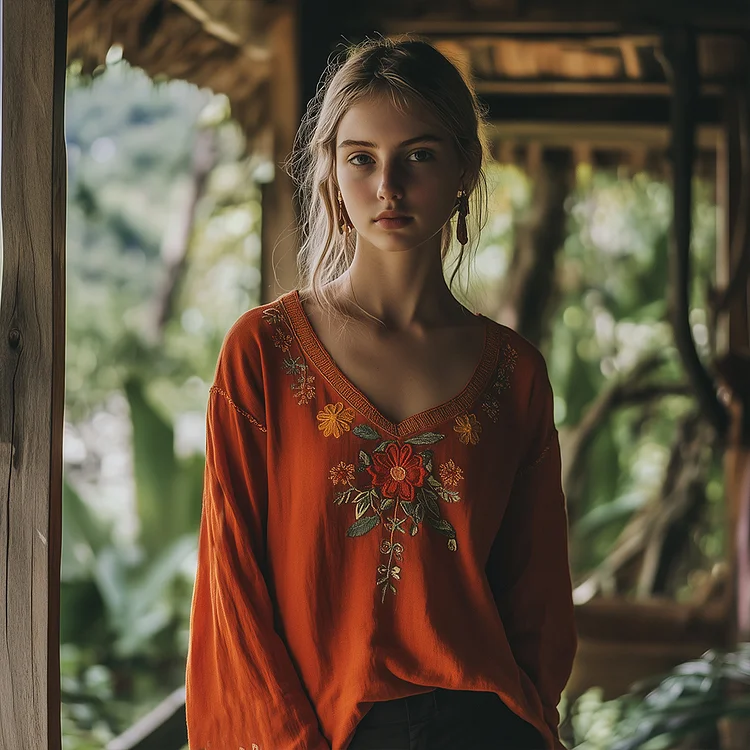 Fashionable Bohemian Floral Embroidery Linen V-neck Shirt