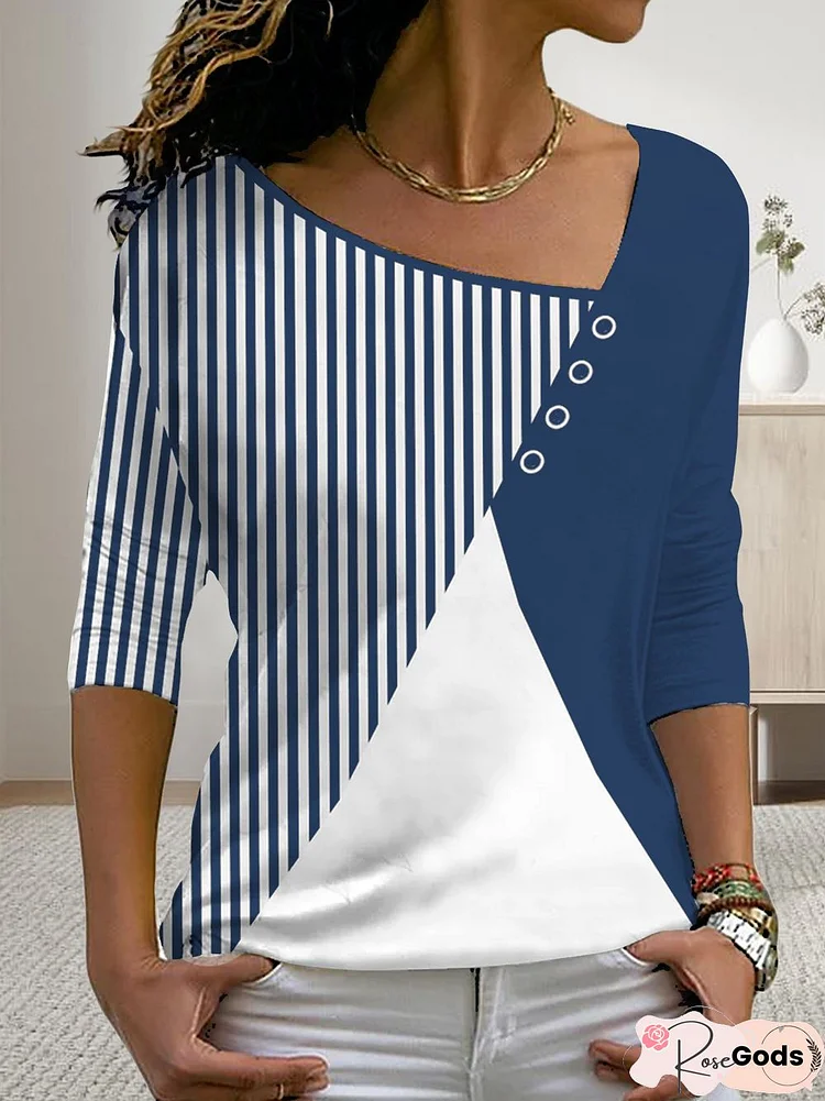 Plain Color Block Stripe Loose Button Top T-Shirt Plus Size