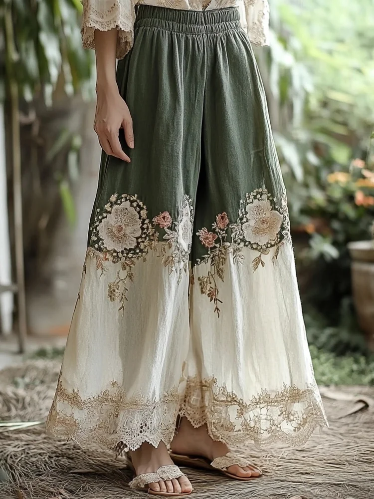 Utbros Vintage Floral Embroidered Linen Blend Lace Casual Pants