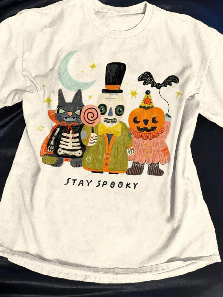 Men's Halloween Stay Spooky Skull Pumpkin Print Cotton Casual T-Shirt