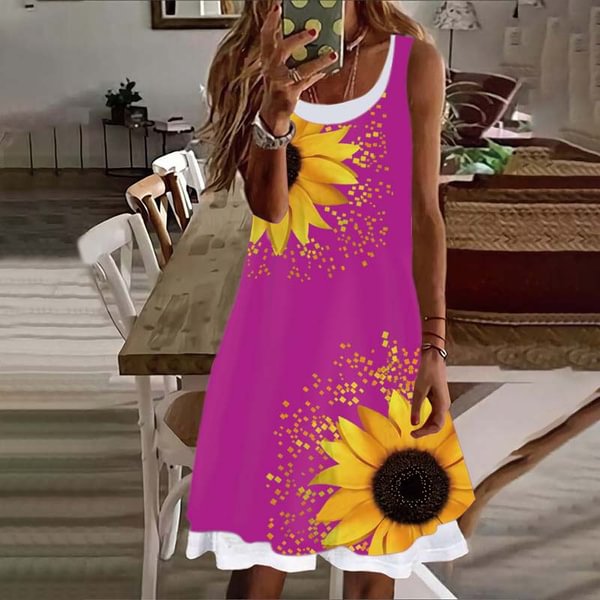 Women's Dress Summer New Fashion Women's Sunflower Fake Two Pieces Printed Sleeveless Casual Soft and Comfortable Plus Size Dress S-5XL - Shop Trendy Women's Fashion | TeeYours
