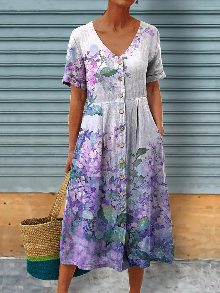 Women's Spring Flowers Linen Pocket Tunic Dress