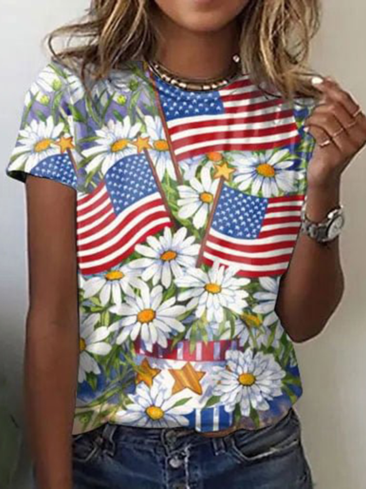 Comstylish Independence Day Daisy Flag Print T-Shirt