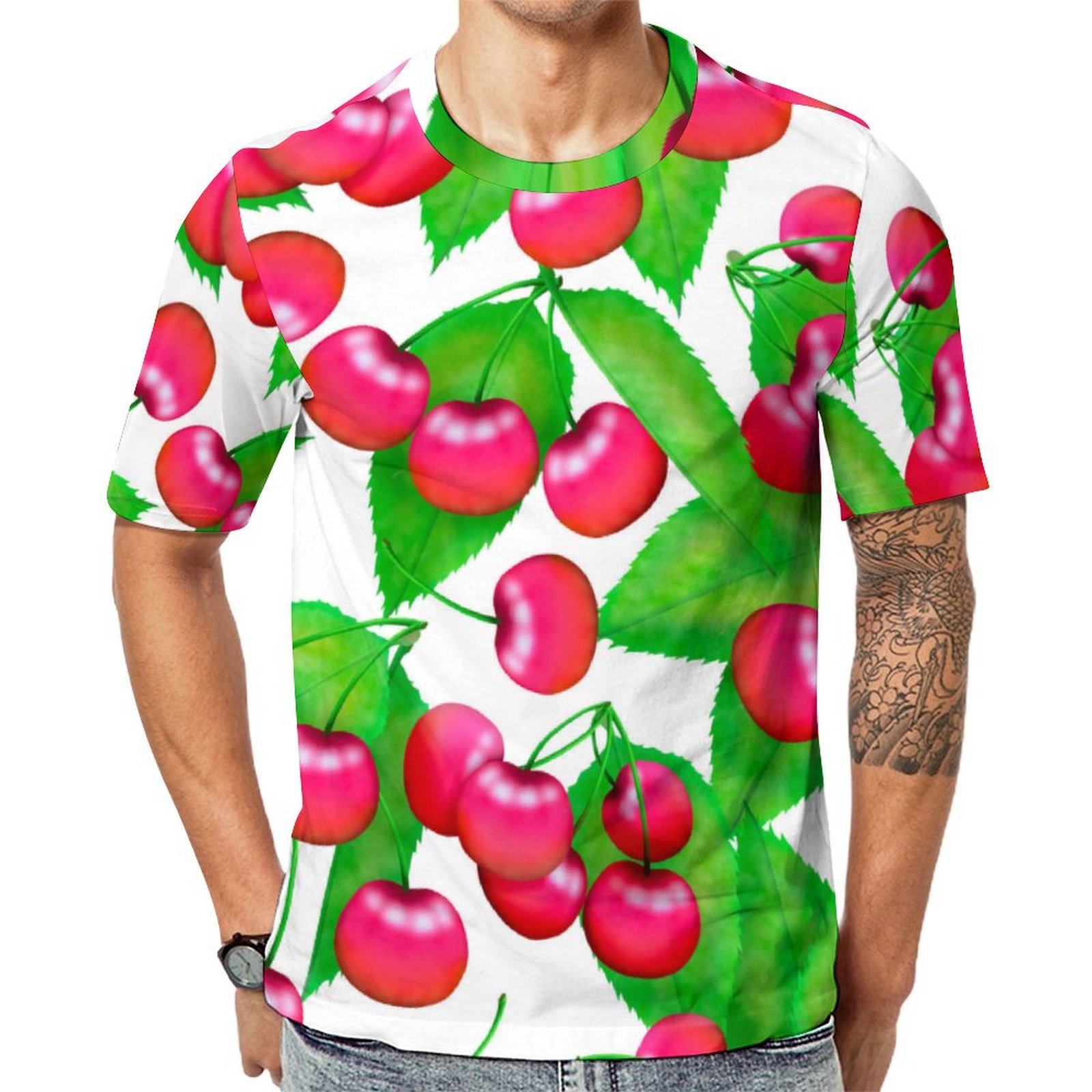 Elegant Red Cherries And Green Leaves Short Sleeve Print Unisex Tshirt Summer Casual Tees for Men and Women Coolcoshirts