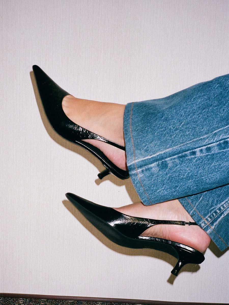 Black Pointed Toe Dress Shoes Kitten Heel Slingback Pumps