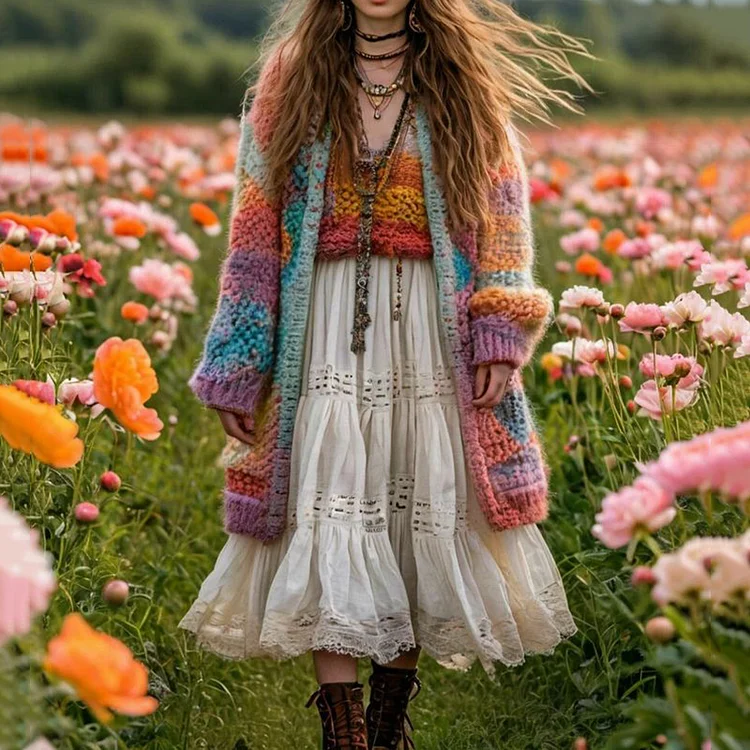 Women's Rainbow Stripe Pattern Print Cardigan