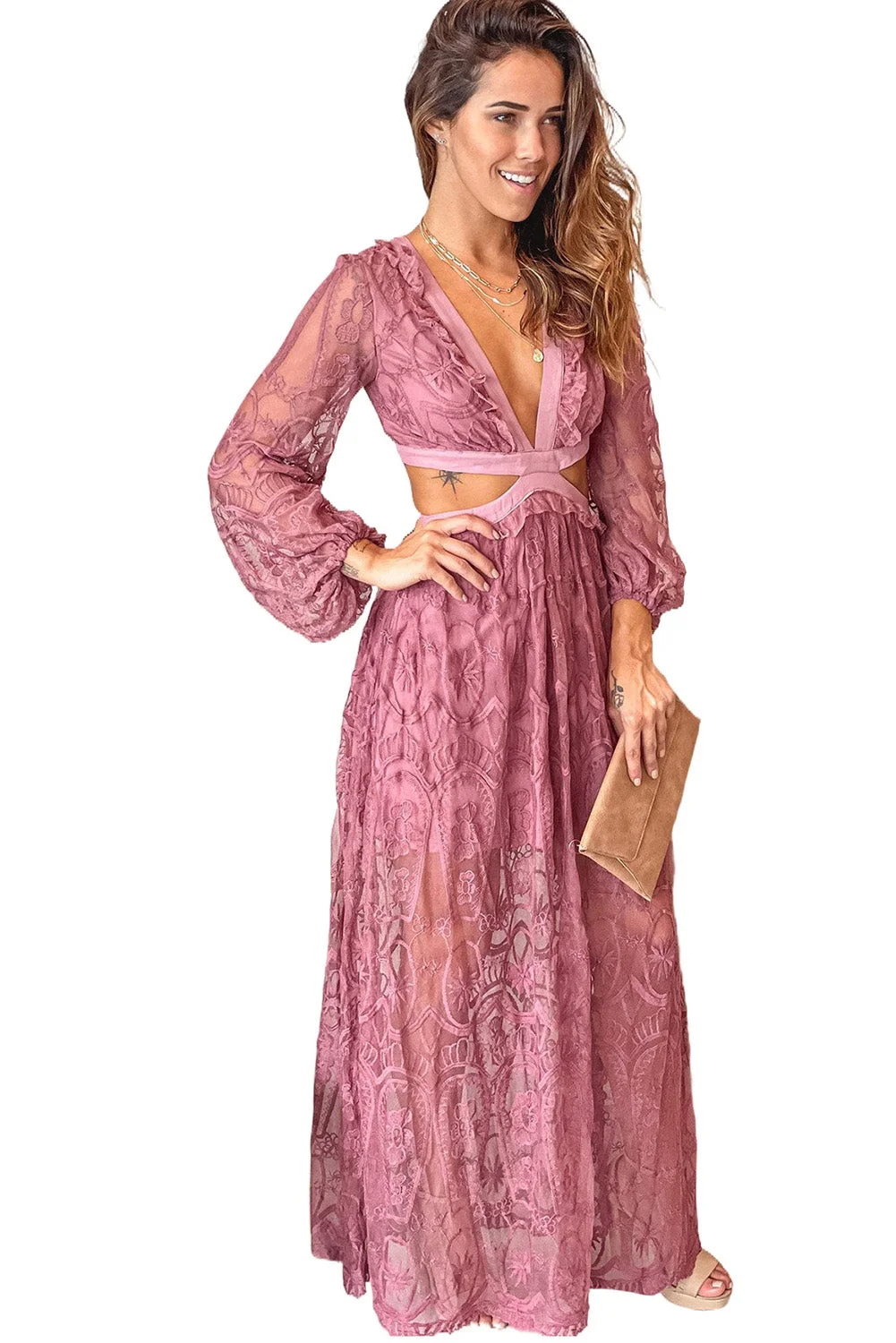 Women Red Cut out Lace Bubble Sleeve Maxi Dress
