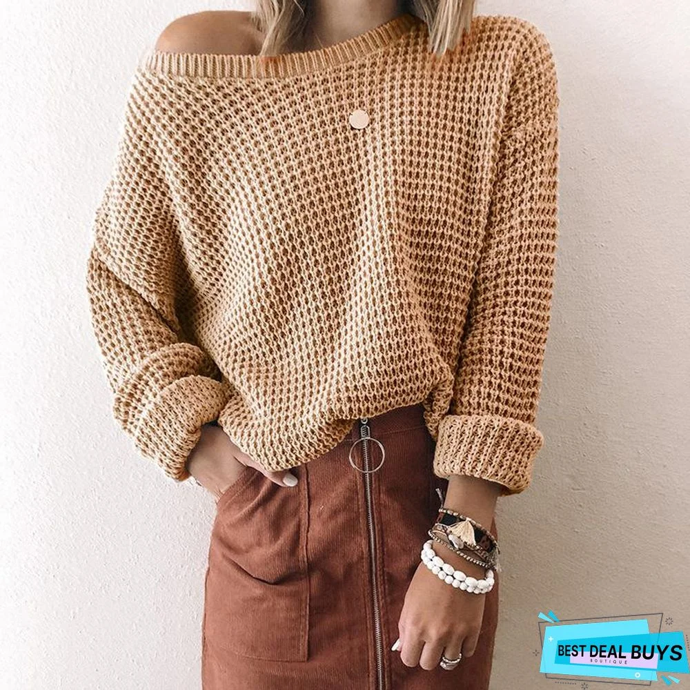 Loose Solid Color Inclined Collar Long Sleeve Knitted Sweater