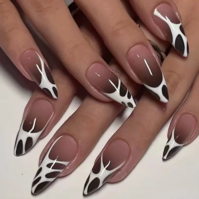 Bonusbuk 24Pcs French Fake Nails With Green Leaf Print Design Long Stiletto False Nail Wearabe Almond Press on Nails Full Cover Nail Tips