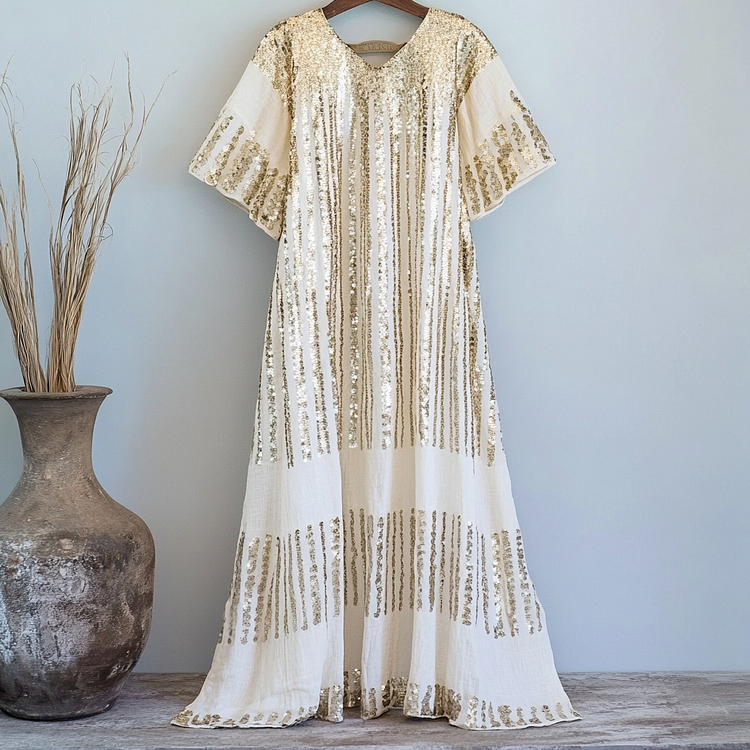Women's Gold Sequin Striped Casual Linen Dress