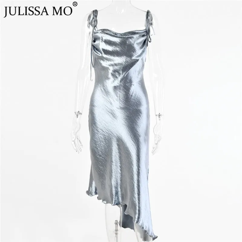 Julissa mo Metallic Satin Straps Long Dress Summer Backless Women Asymmetrical Dress Female Elegant Christmas Party Vestidos