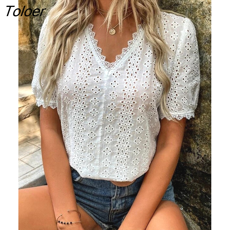 Toloer Lace Shirts Women Summer Puff Sleeve Tops Vintage Elegant Pullover White Blouse Women Fashion V-neck Solid Shirt 21385
