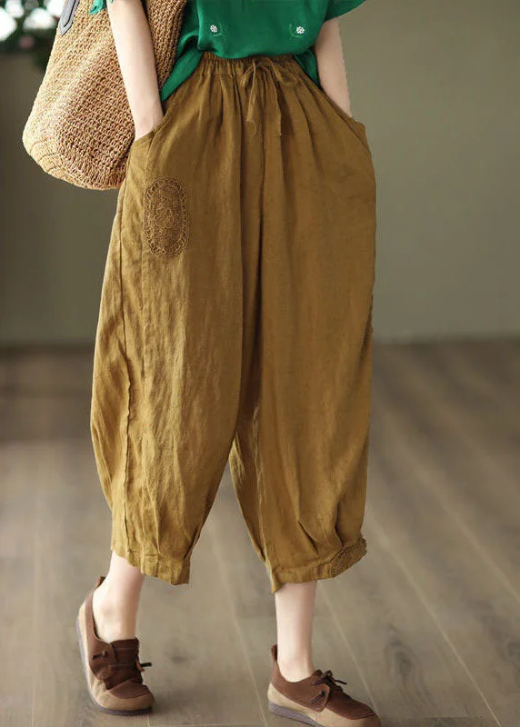 Unique Yellow Hollow Out Embroideried Linen Crop Pants Summer