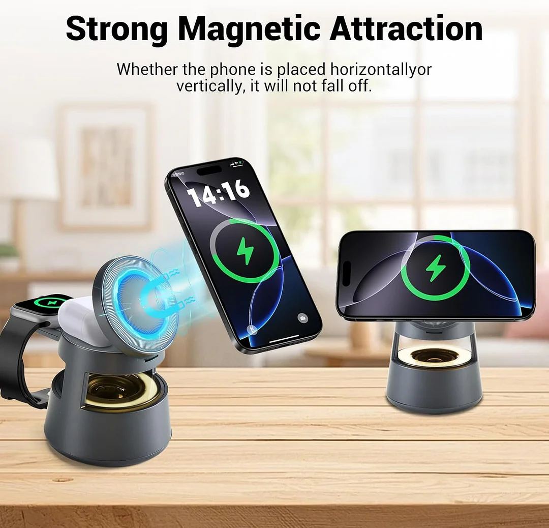 5-in-1 Wireless Charging Station with Bluetooth Speaker, Magnetic Fast Charger, and Night Light