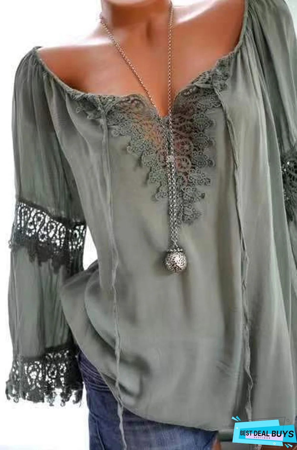 Large Size Women Openwork Lace Long-Sleeved Blouse Solid Color Large V-Neck Casual Tops