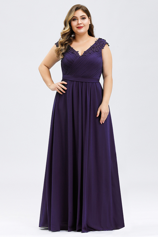 Elegant Chiffon Plus Size Prom Dress Sleeveless V-Neck Evening Gowns With Appliques - lulusllly