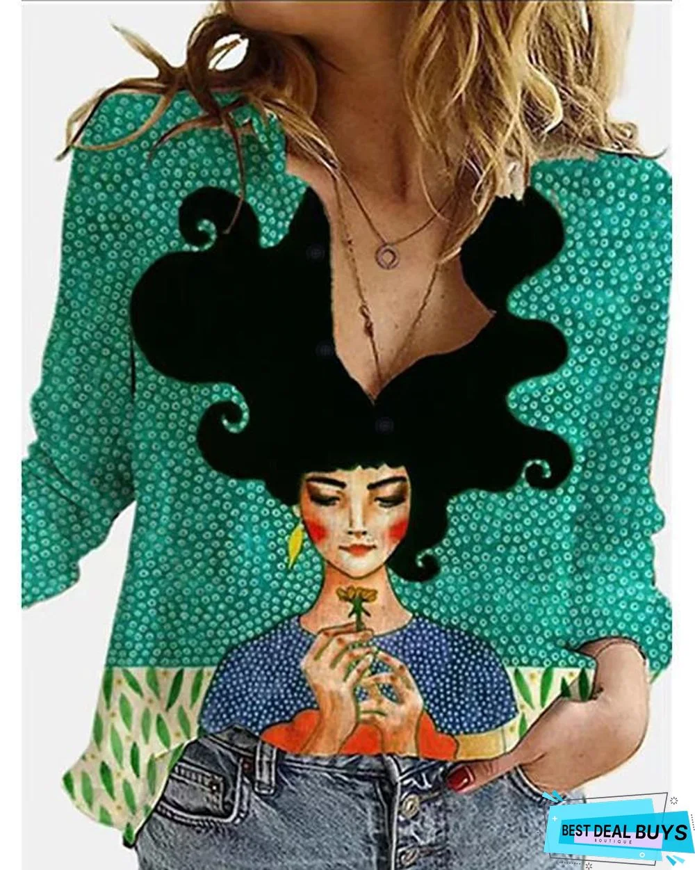 Women's Blouse Shirt Portrait Long Sleeve Print Shirt Collar Tops Basic Top Blue Green