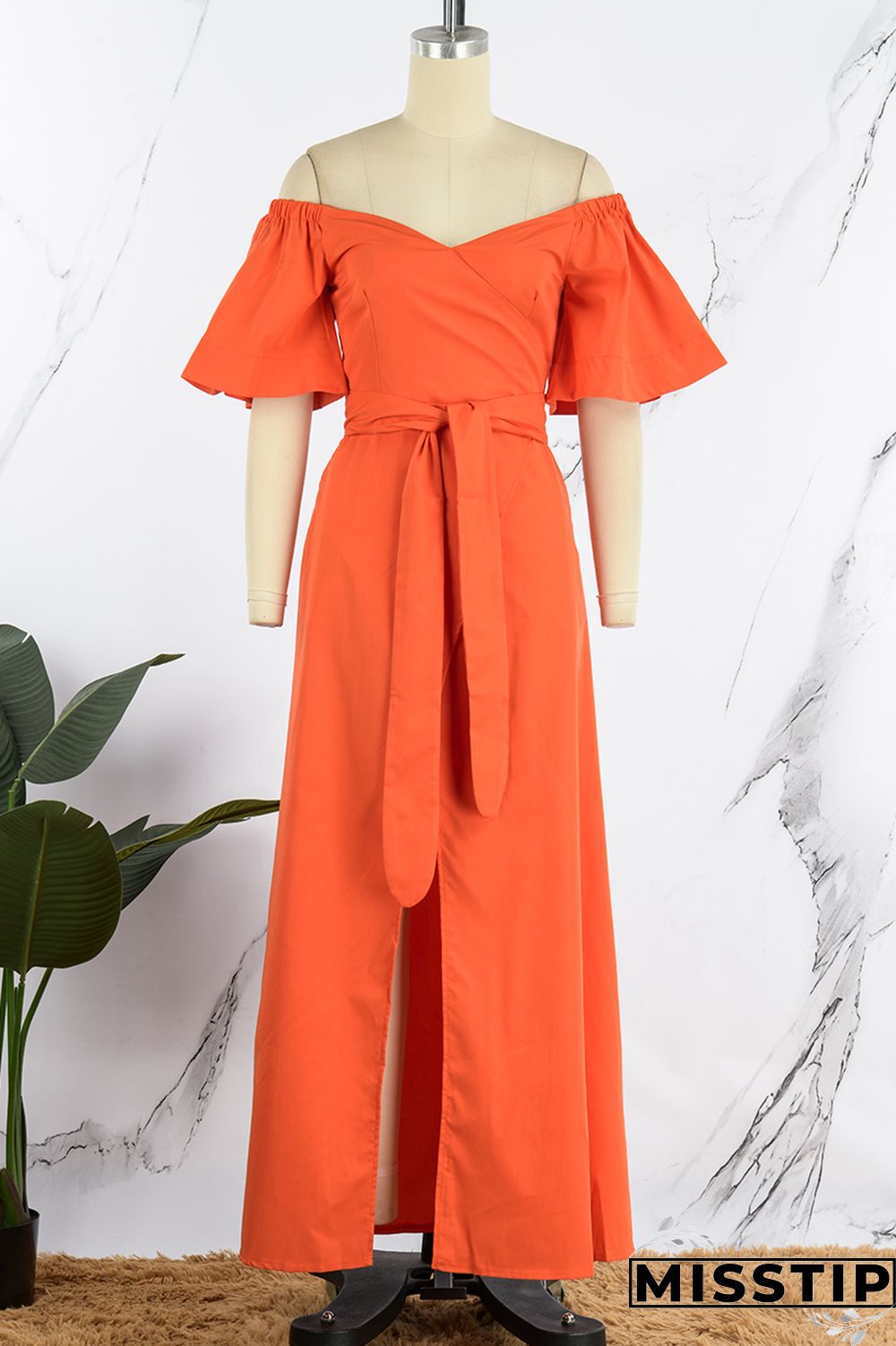 Orange Casual Solid Backless Slit Off the Shoulder Short Sleeve Dress Dresses