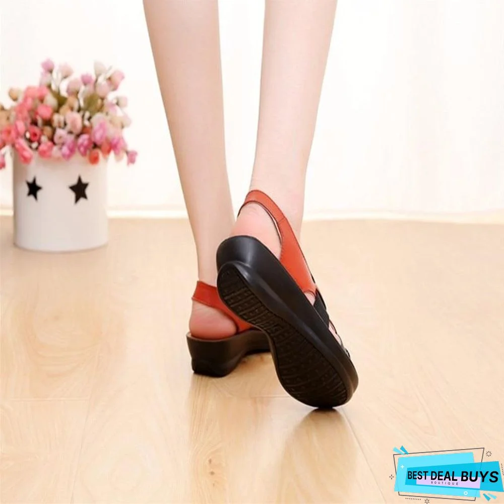 Women Slip-On Leather Sandals Peep Toe Soft Slippers Flat Shoes