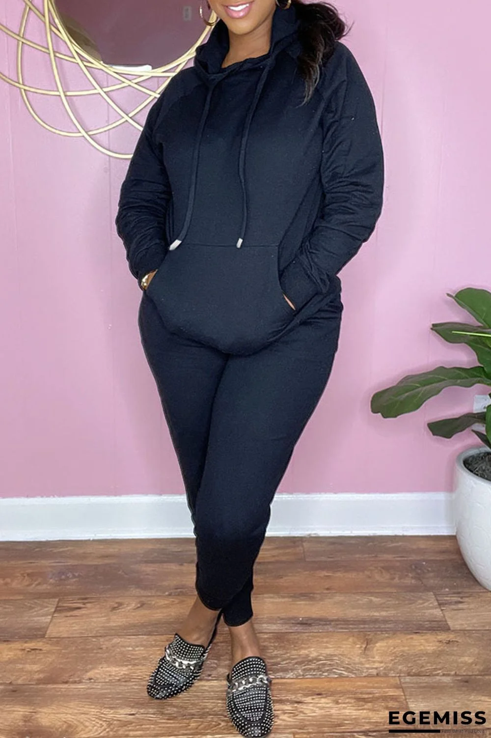 Black Casual Solid Hooded Collar Long Sleeve Two Pieces | EGEMISS