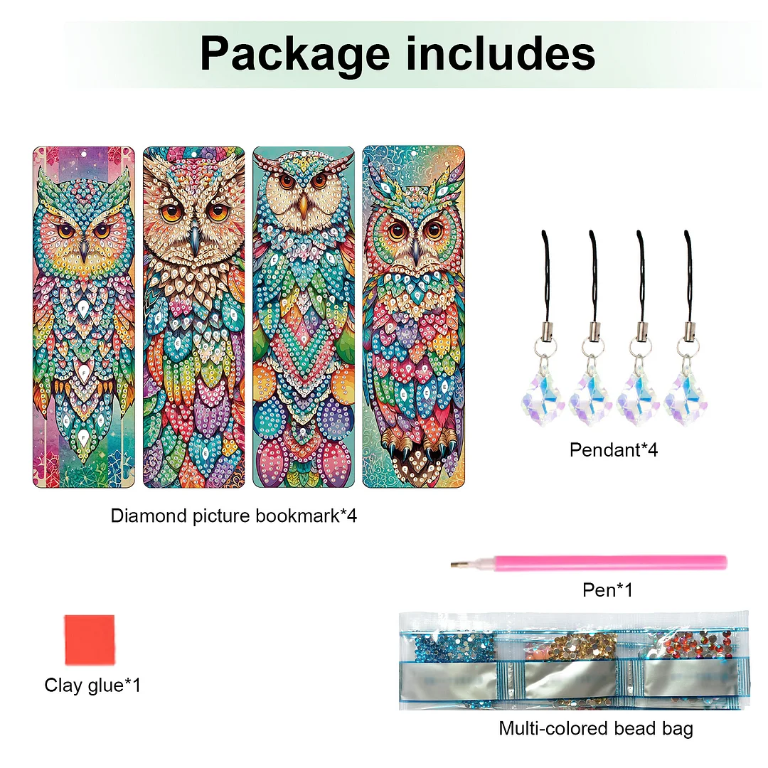 4Pcs Colorful Owl DIY Diamond Bookmark Art Projects Irregular Shaped Diamonds Diamond Painting Art Bookmarks with Crystal Pendants for DIY Making Beginners Adult Art Craft Supplies