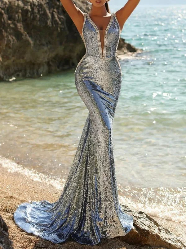 Sequined Sleeveless Wrap V-Neck Maxi Dresses