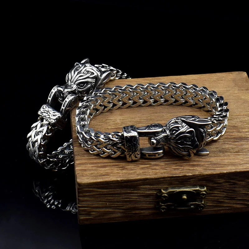 925 Silver Viking men's wolf head bracelet