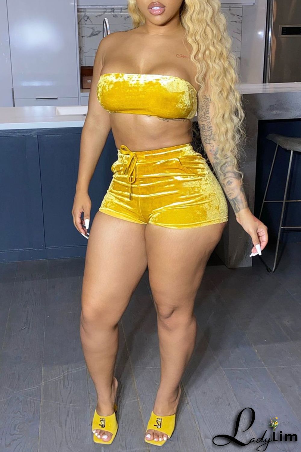 Yellow Fashion Sexy Solid Backless Strapless Sleeveless Two Pieces