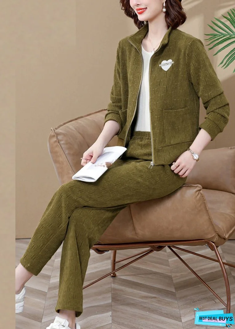 Women Ginger Stand Collar Coats And Wide Leg Pants Two Pieces Set Fall