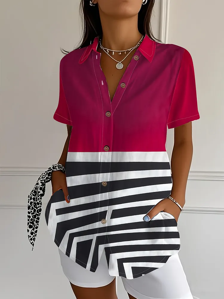 Womens Casual Short Sleeve Shirt Abstract Geometric Color Block Design With Wood Grain