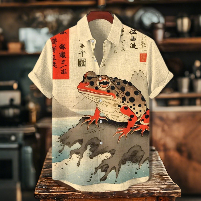 Men's Japanese-style Frog Calligraphy Art Print Casual Shirt  artssus