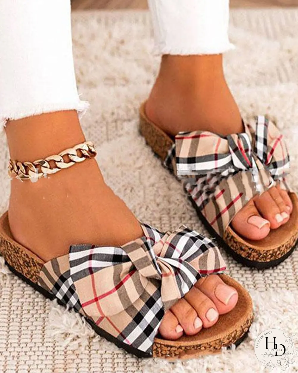Round-toe Plaid Splicing Bow Platform Flat Slippers